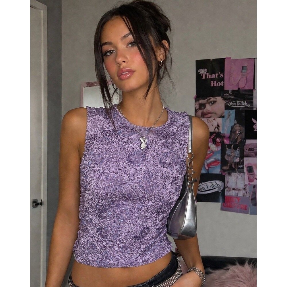 Long Crop Y2K Crinkle Textured Purple Tank Top Size M Floral Sequins Fairy Boho